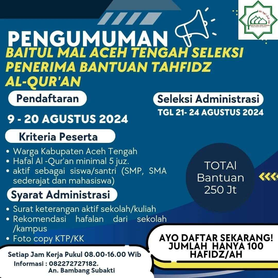 Baitul Mal Aceh Tengah Buka Seleksi Bantuan Tahfidz